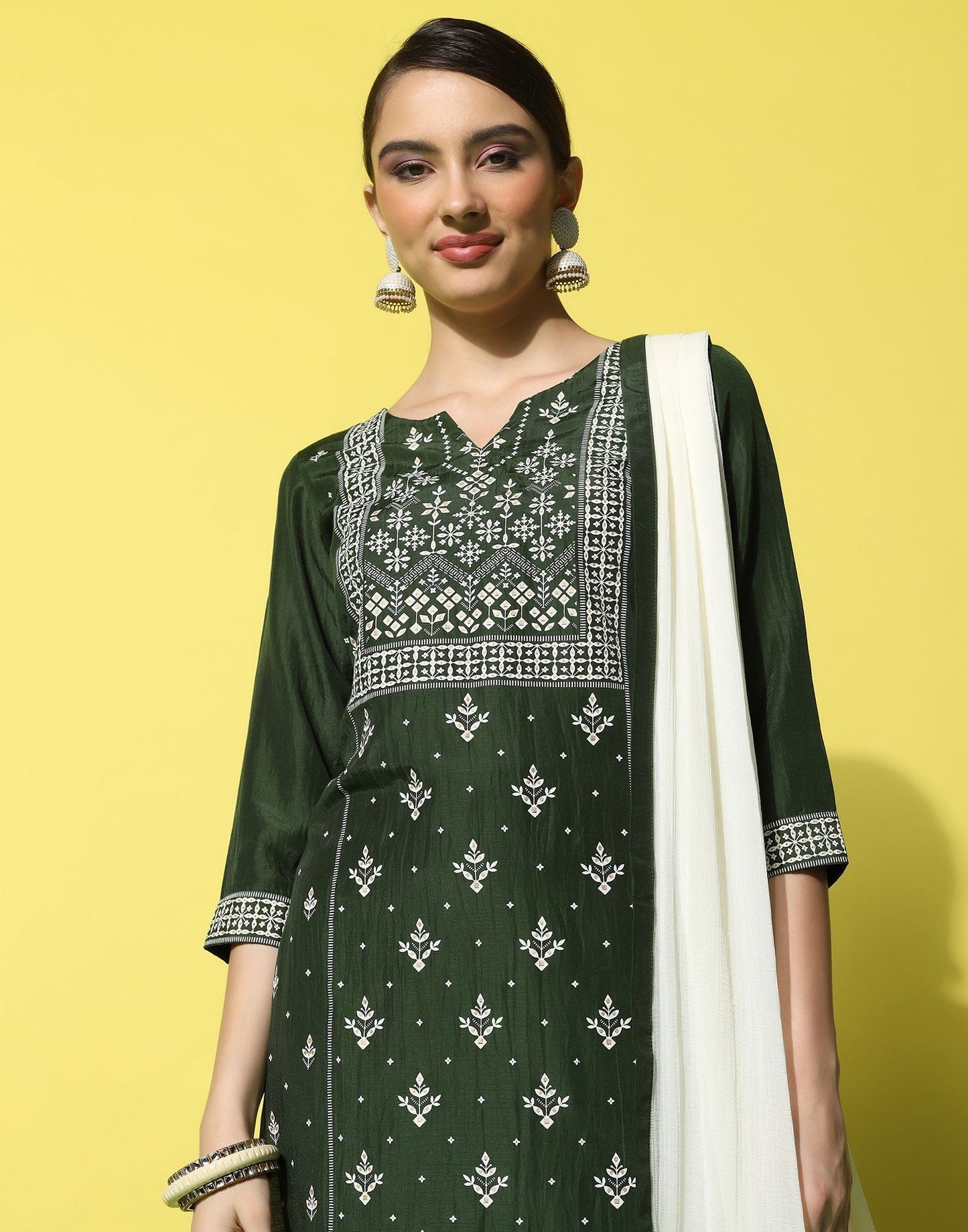 Green Chinnon Printed Straight Kurti With Pant And Dupatta