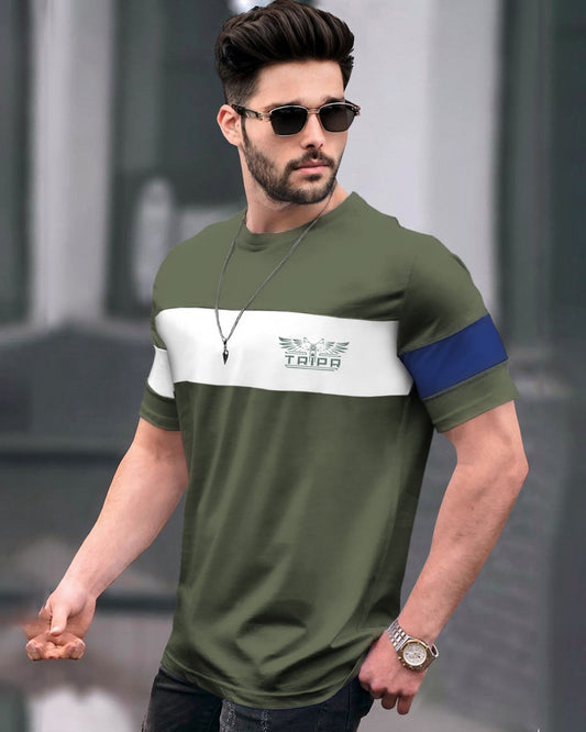 Olive Green Round Neck printed T shirt