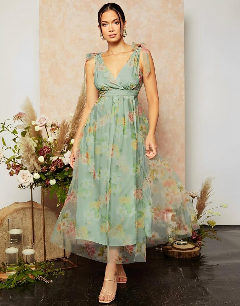 Green Floral Printed Flared Dress