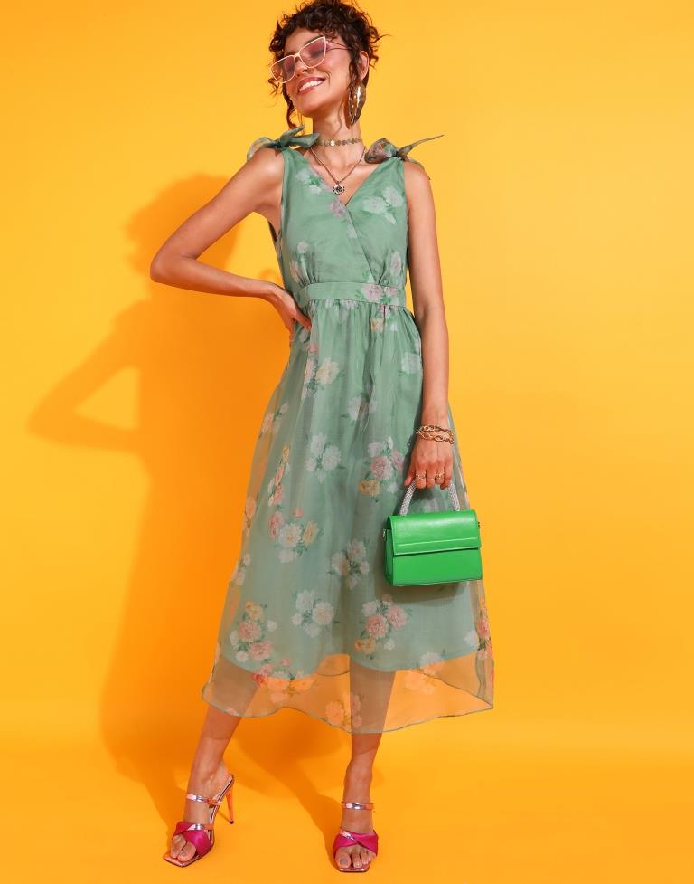 Green Floral Printed Flared Dress