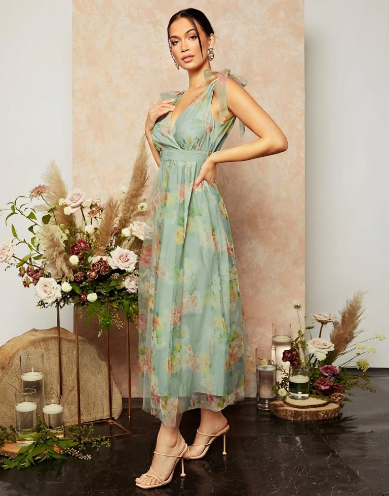 Green Floral Printed Flared Dress