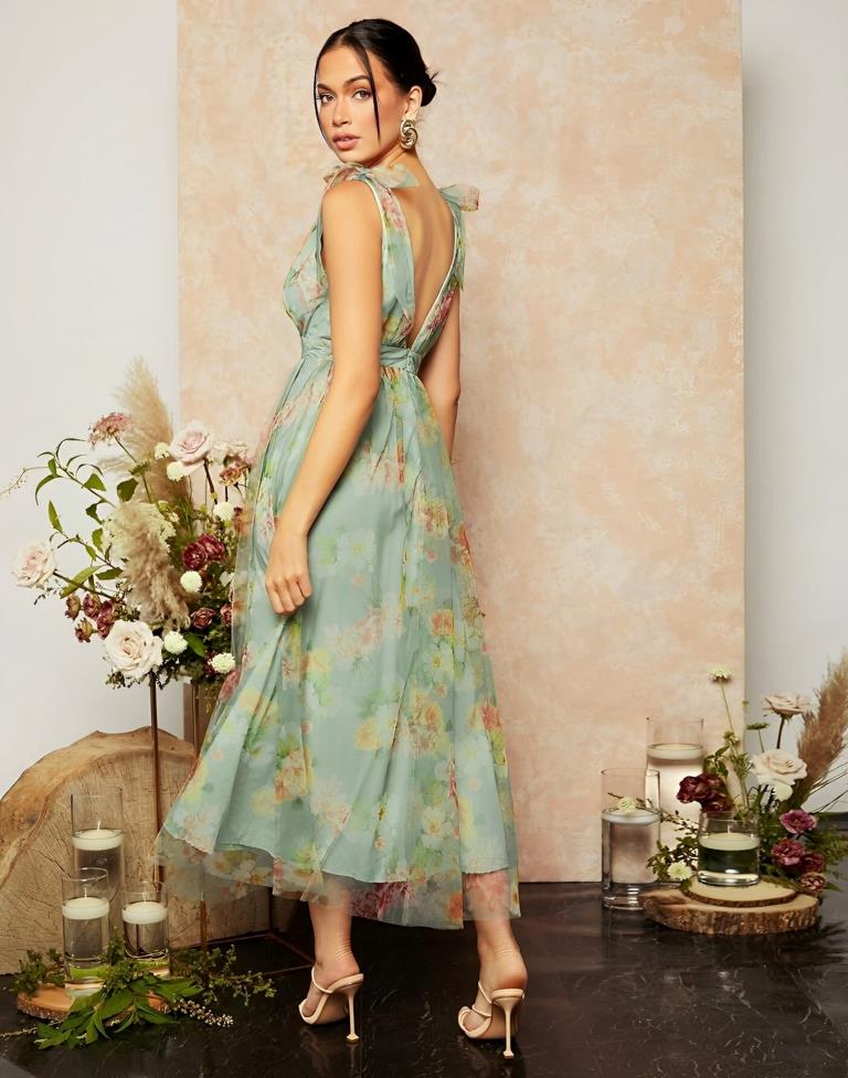 Green Floral Printed Flared Dress