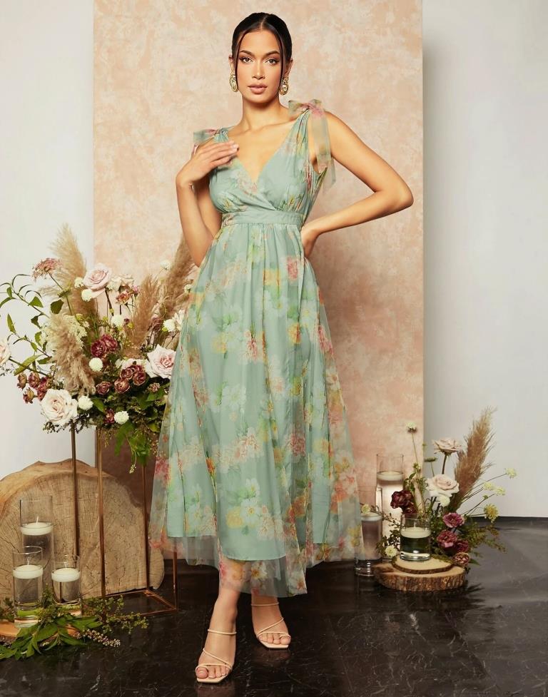 Green Floral Printed Flared Dress