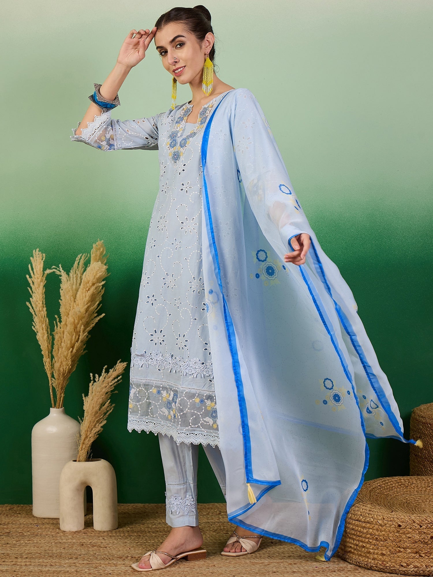 Beautiful Designer Party Wear Cotton Kurti Pant With Dupatta