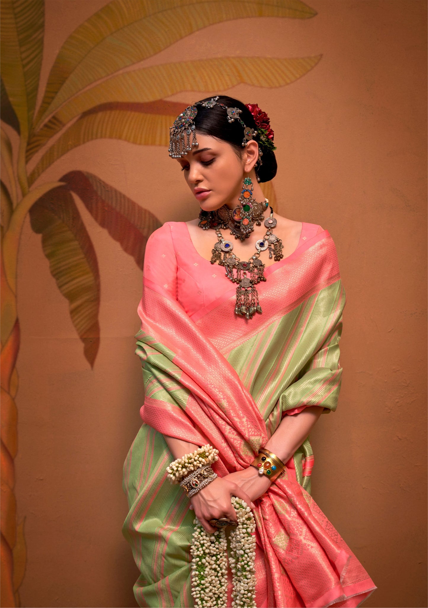 Green and Pink Handloom Weaving Silk Saree with Handloom Silk Blouse