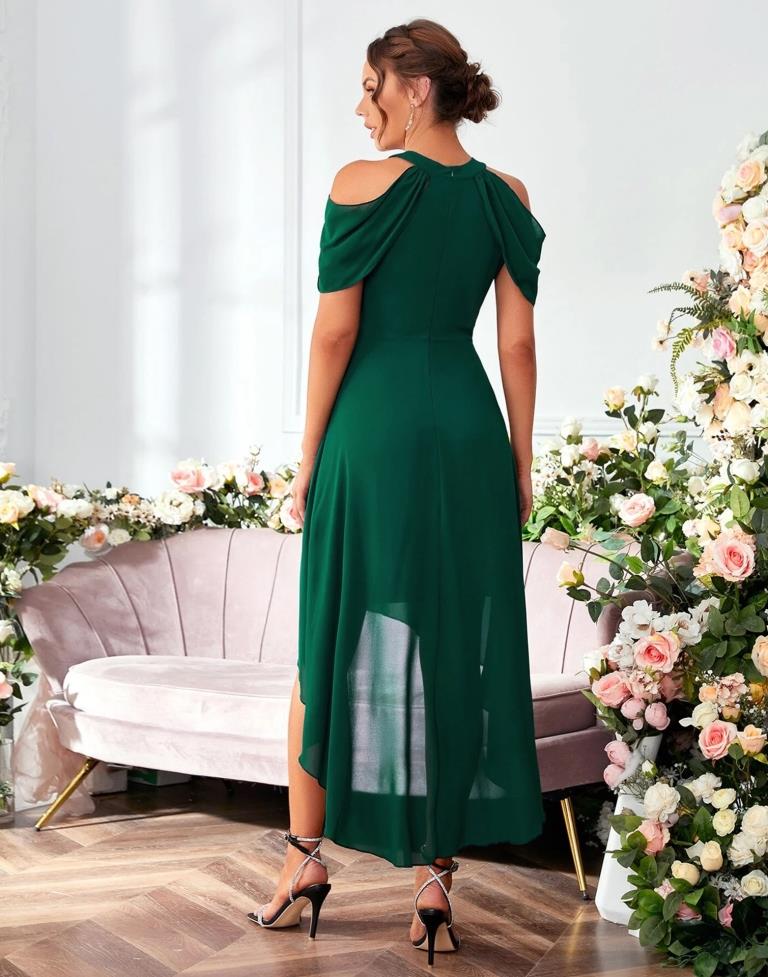 Green Georgette Plain Flared Dress