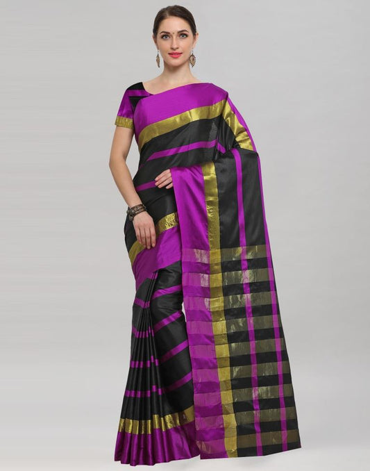 Black Coloured Poly Silk Strips Casual Saree