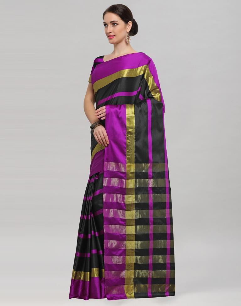 Black Coloured Poly Silk Strips Casual Saree