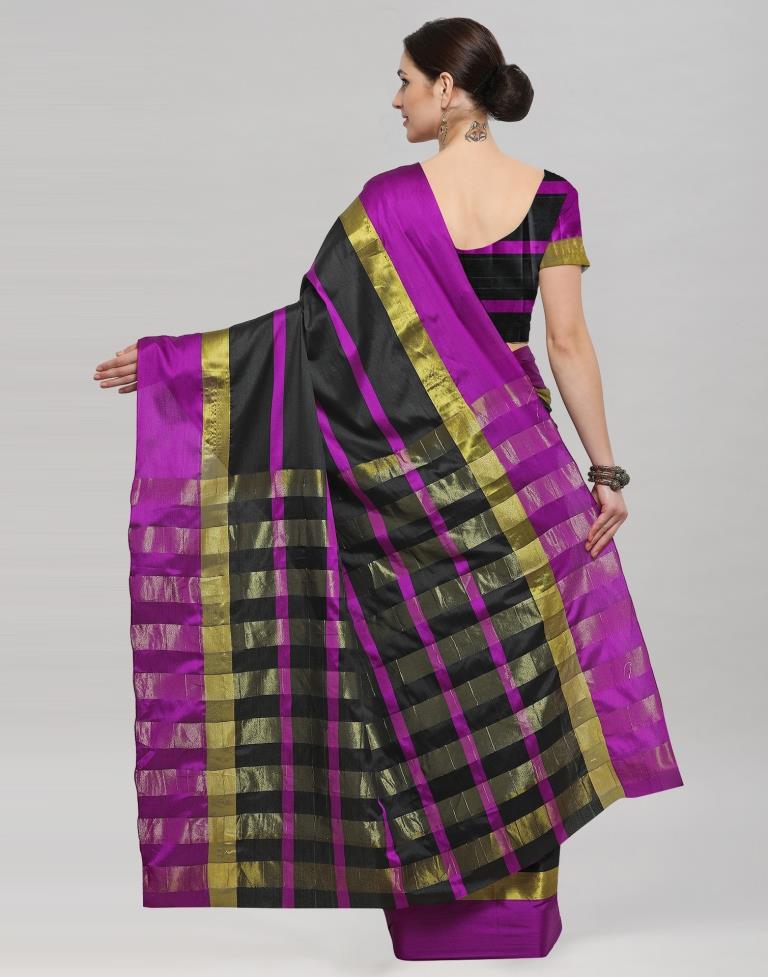 Black Coloured Poly Silk Strips Casual Saree