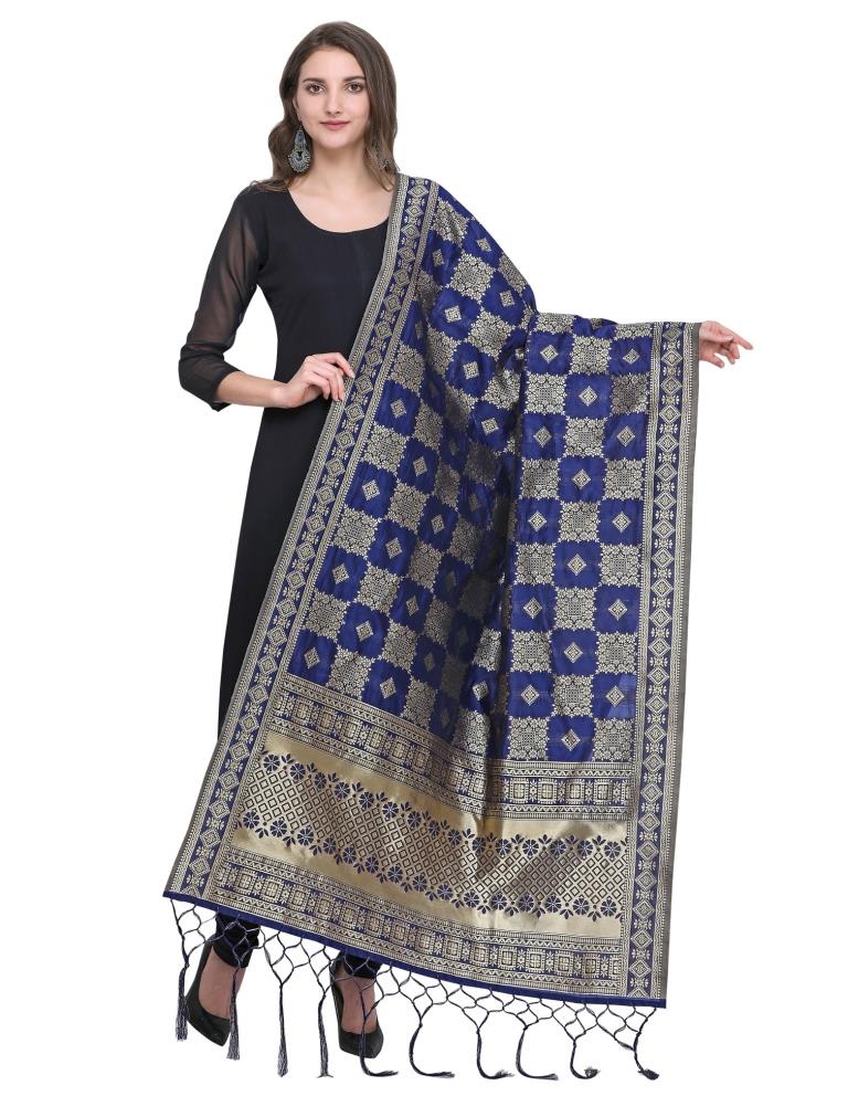 Graceful Navy Blue Coloured Poly Silk (Banarasi Silk) Jacquard Dupatta