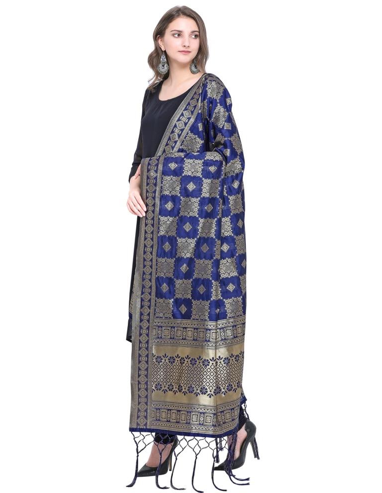 Graceful Navy Blue Coloured Poly Silk (Banarasi Silk) Jacquard Dupatta