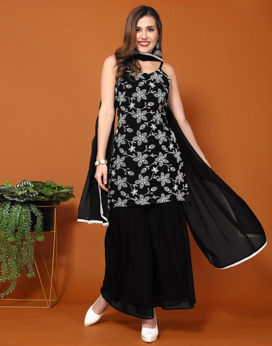 Black Plain Georgette Straight Kurta Set With Dupatta