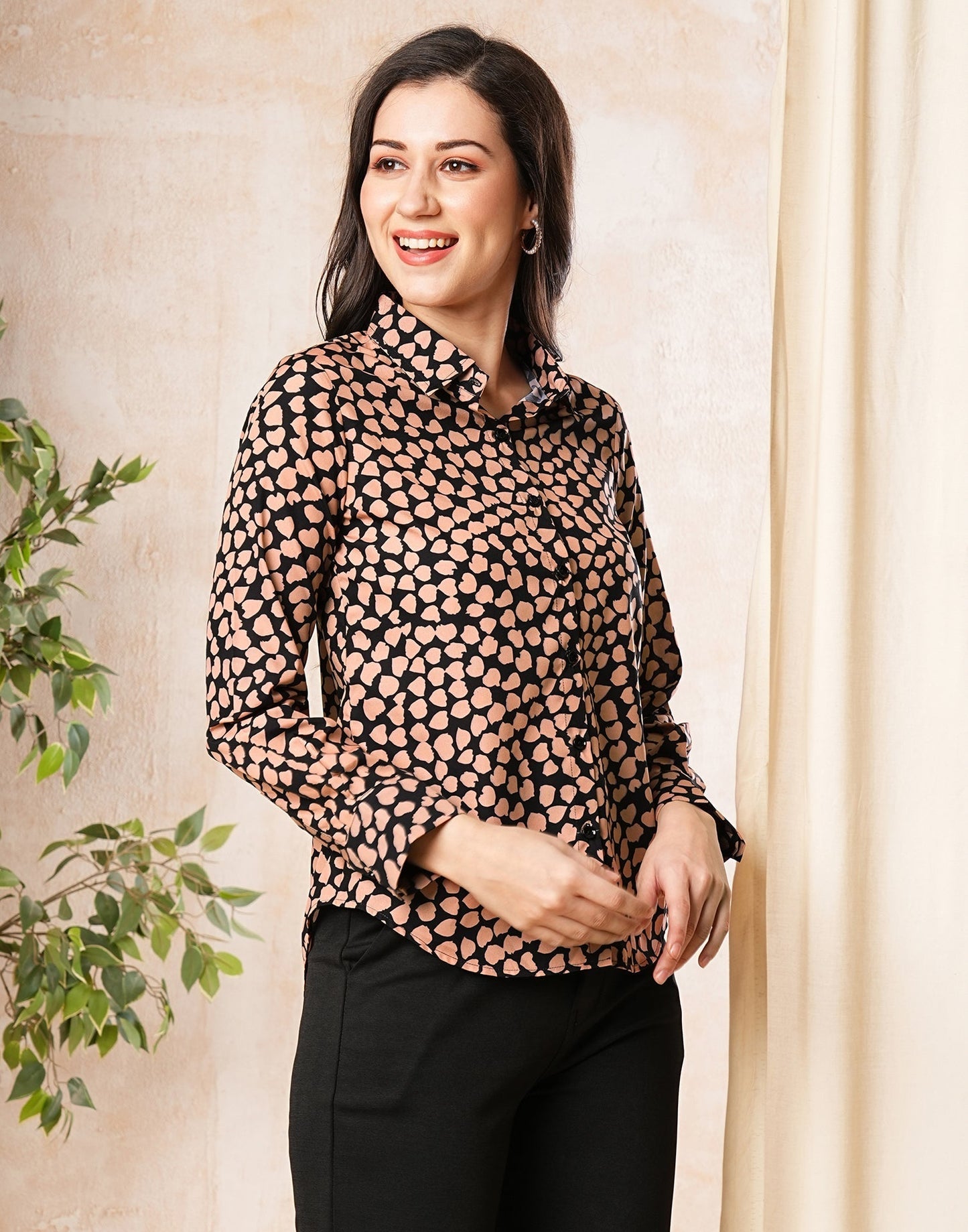 Black Polyester Printed Shirt Top