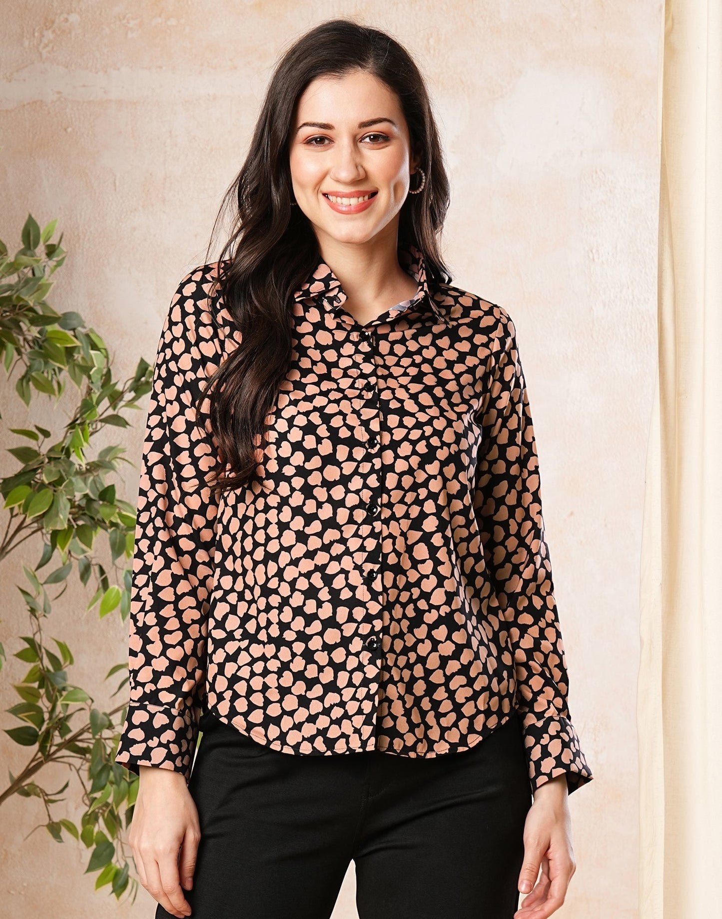 Black Polyester Printed Shirt Top