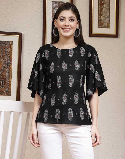 Black Printed Rayon Top