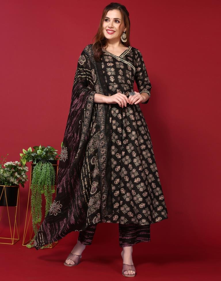 Black Cotton Printed Flared Kurta With Pant And Dupatta