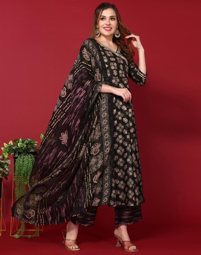 Black Cotton Printed Flared Kurta With Pant And Dupatta