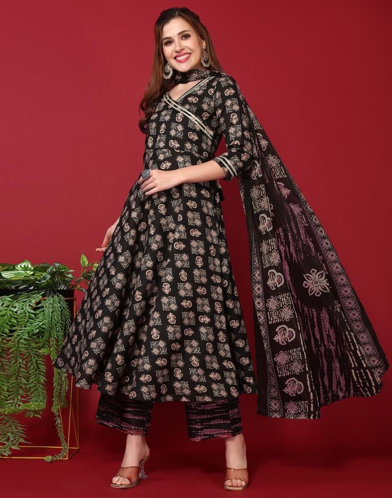 Black Cotton Printed Flared Kurta With Pant And Dupatta