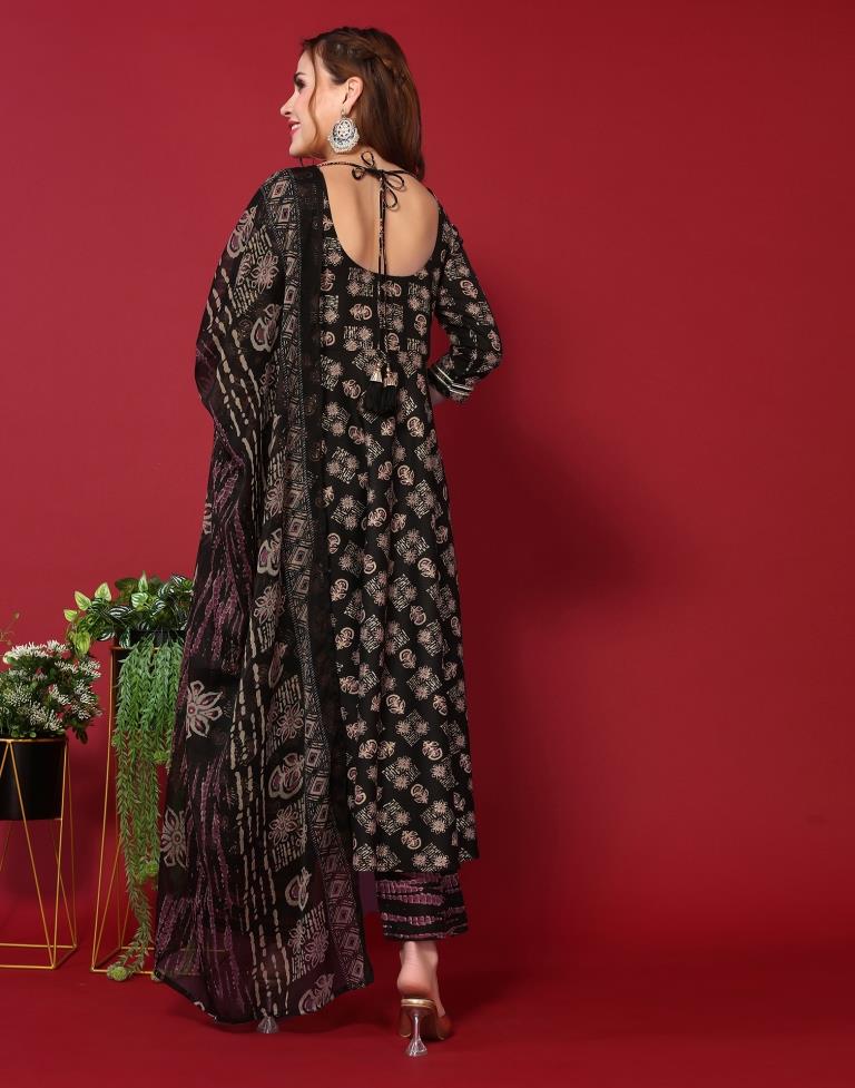 Black Cotton Printed Flared Kurta With Pant And Dupatta