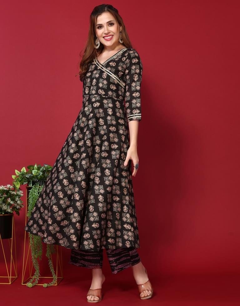 Black Cotton Printed Flared Kurta With Pant And Dupatta