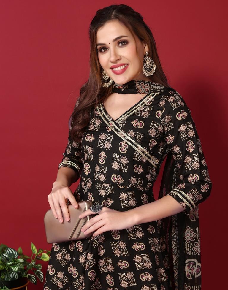 Black Cotton Printed Flared Kurta With Pant And Dupatta