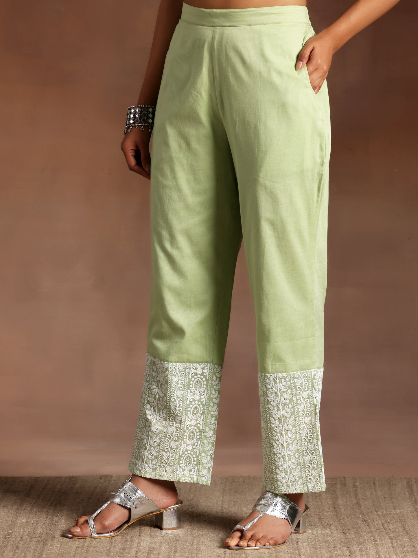 Green Embroidered Cotton A-Line Kurta With Palazzos & Dupatta