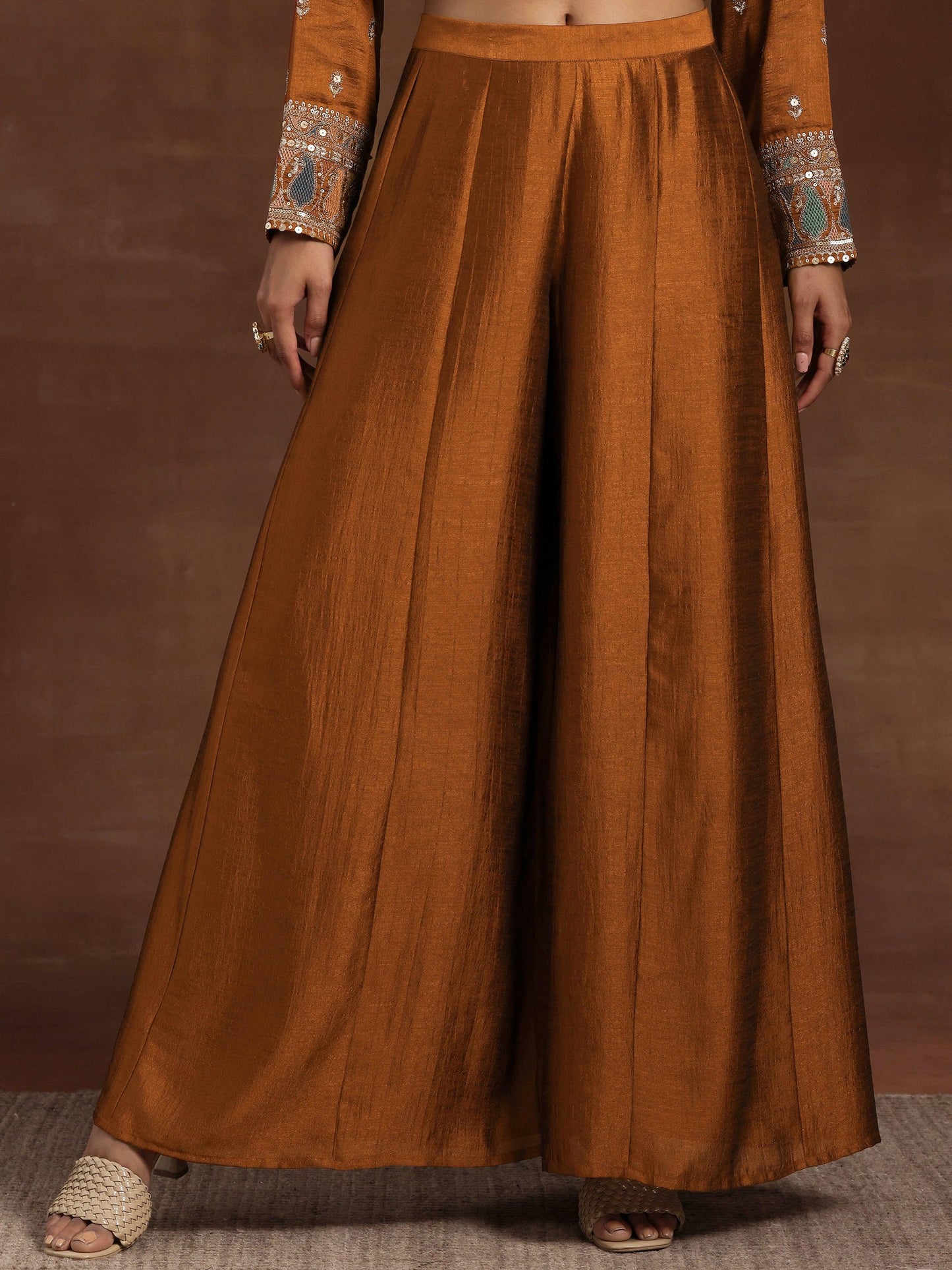 Adaa Rust Embroidered Silk Blend Straight Kurta With Palazzos & Dupatta