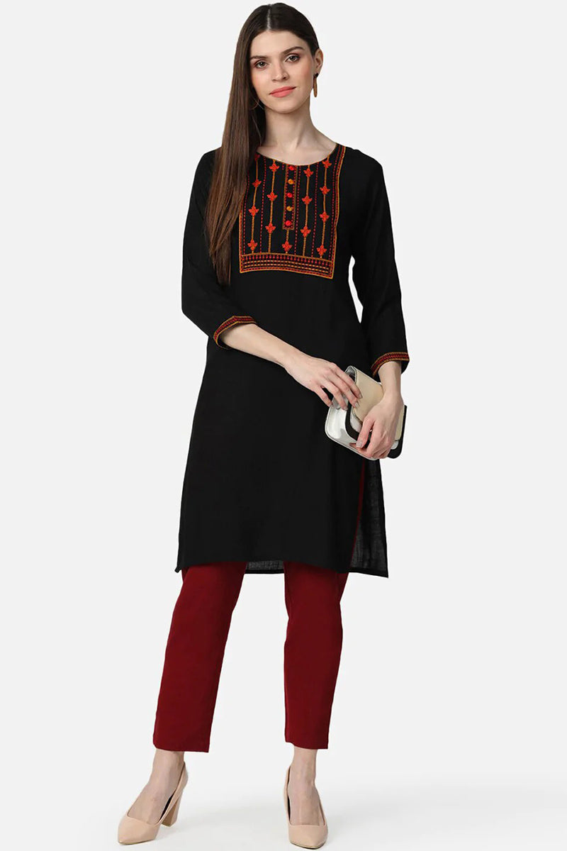 Black Orange Cotton Yoke Design Embroidered Straight Kurta VEKSL1055