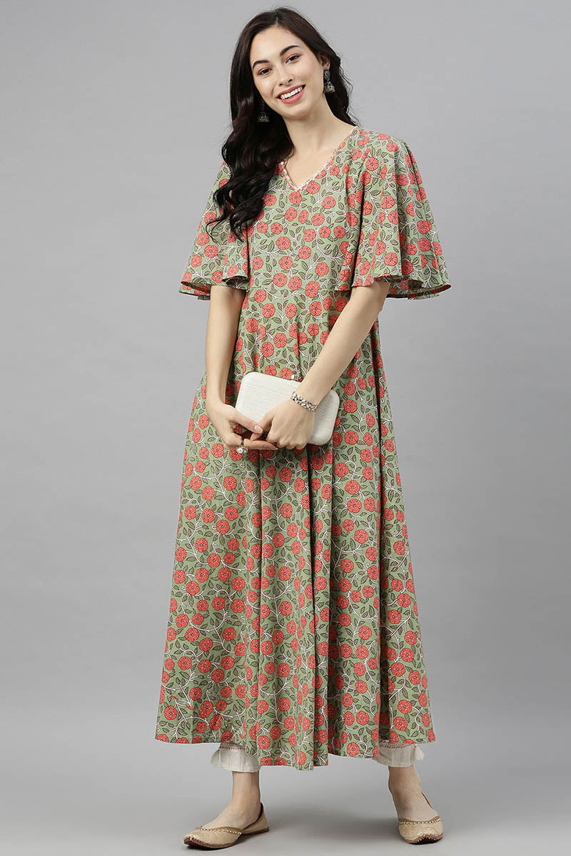 Green Cotton Flared Kurta VCK8239