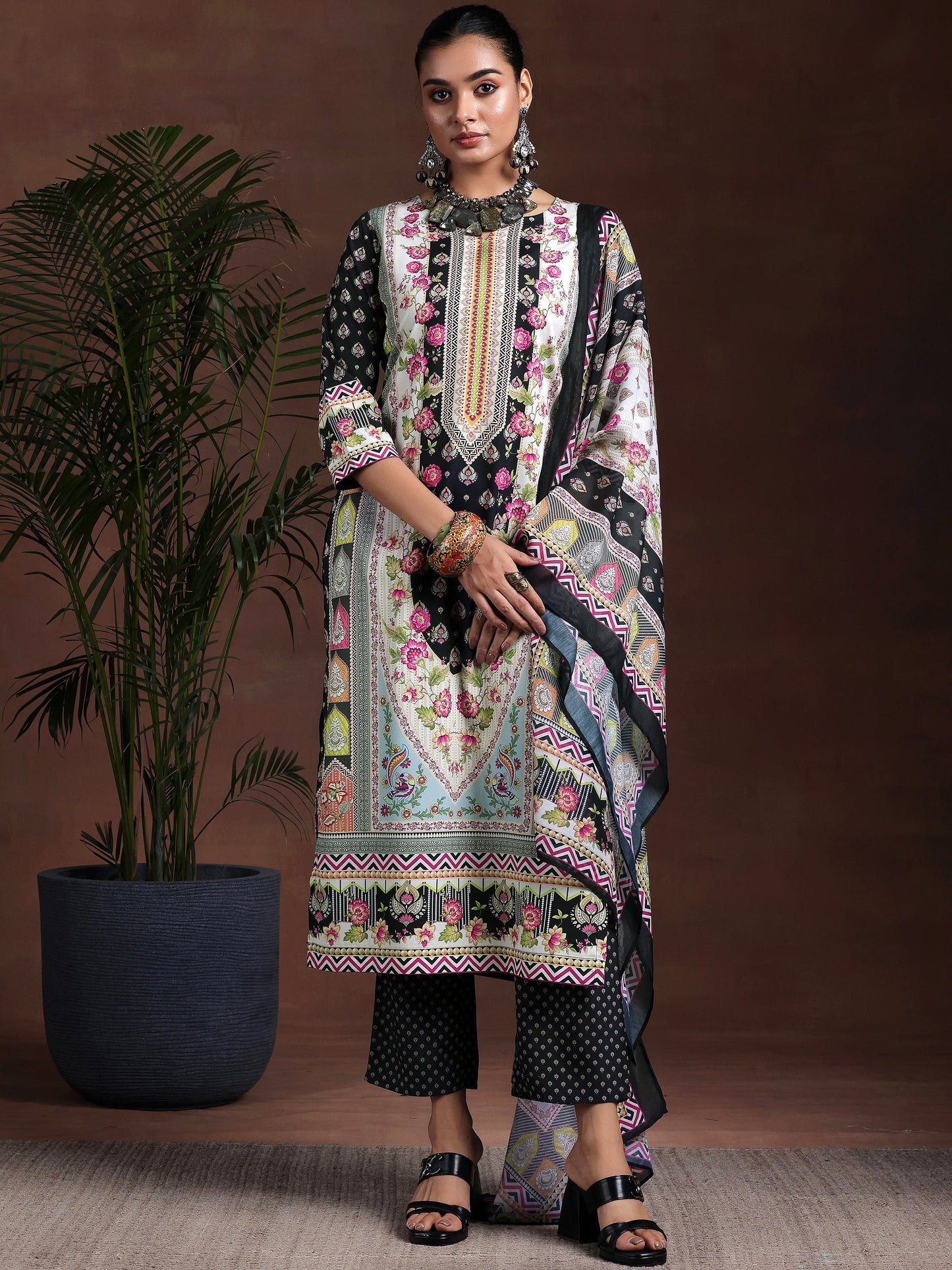 Black Printed Poly Crepe Straight Suit With Dupatta