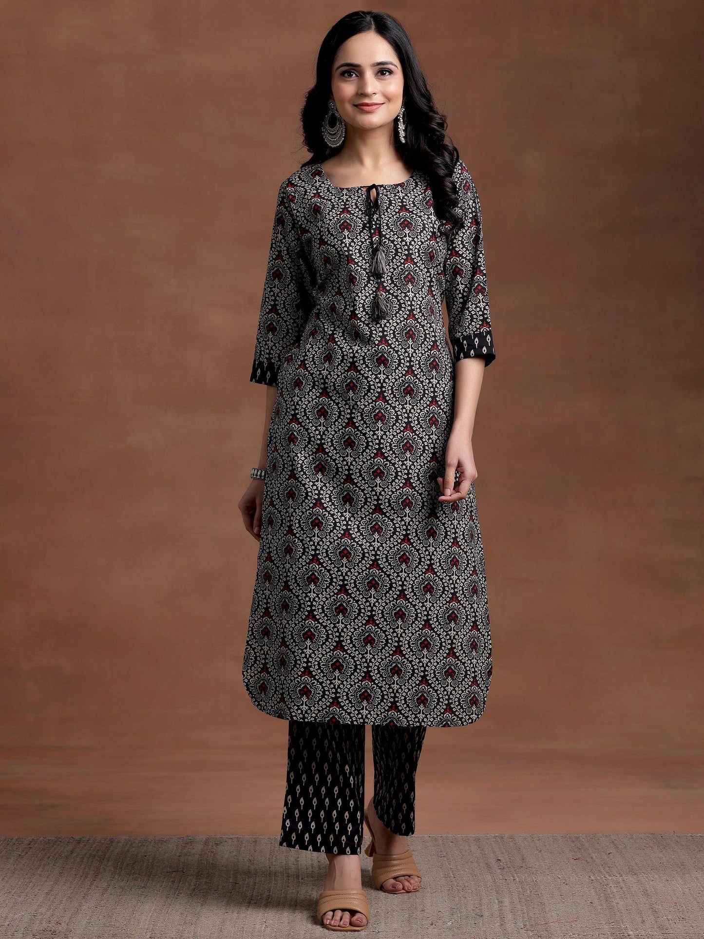 Black Printed Cotton Straight Kurta Set