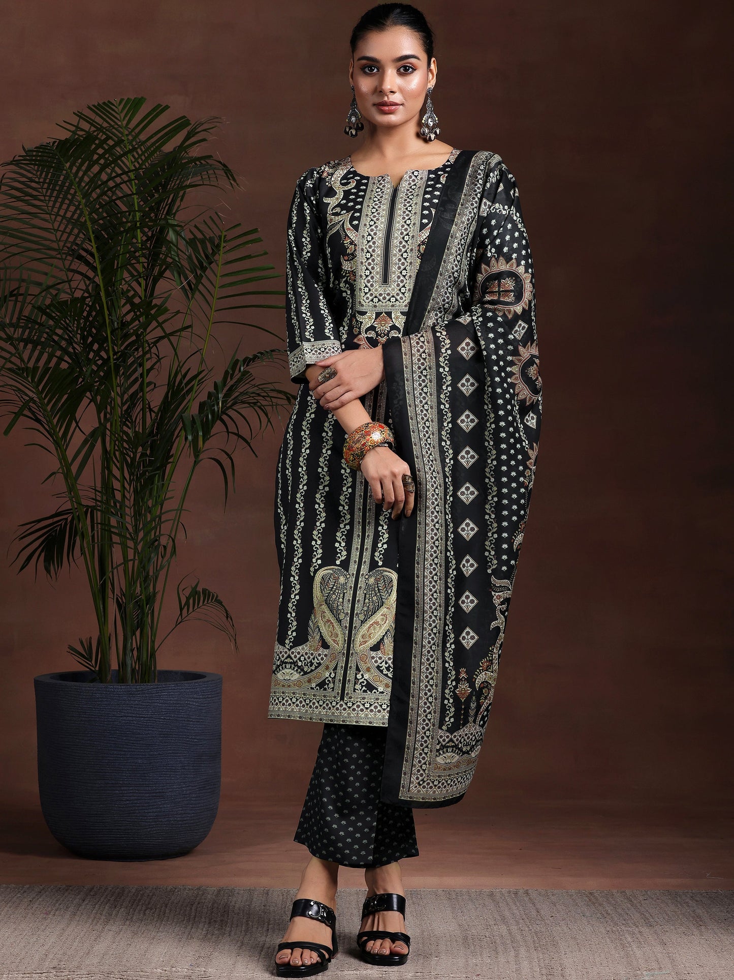 Black Printed Poly Crepe Straight Suit With Dupatta