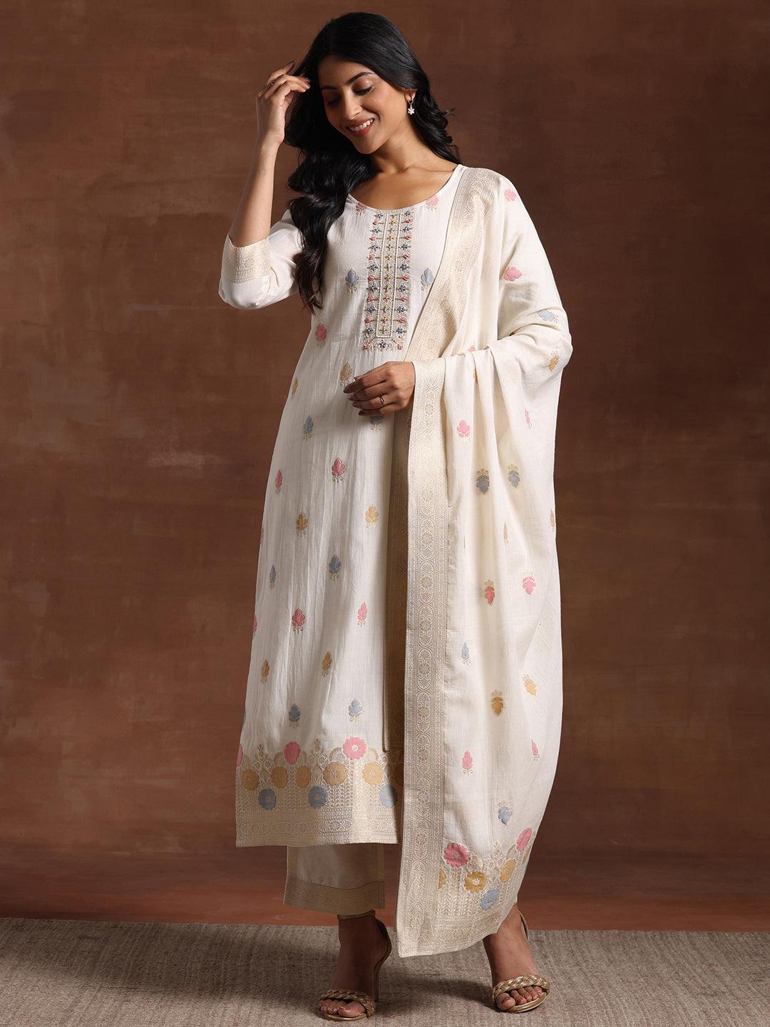 Off White Woven Design Cotton Straight Suit With Dupatta