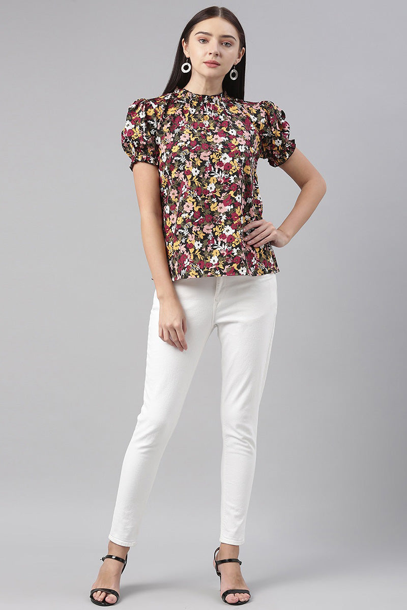 Black Polyester Floral Printed Regular Top VT1003