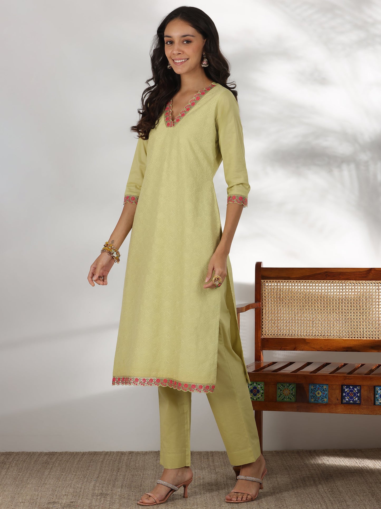 Green Embroidered Cotton Straight Suit With Dupatta