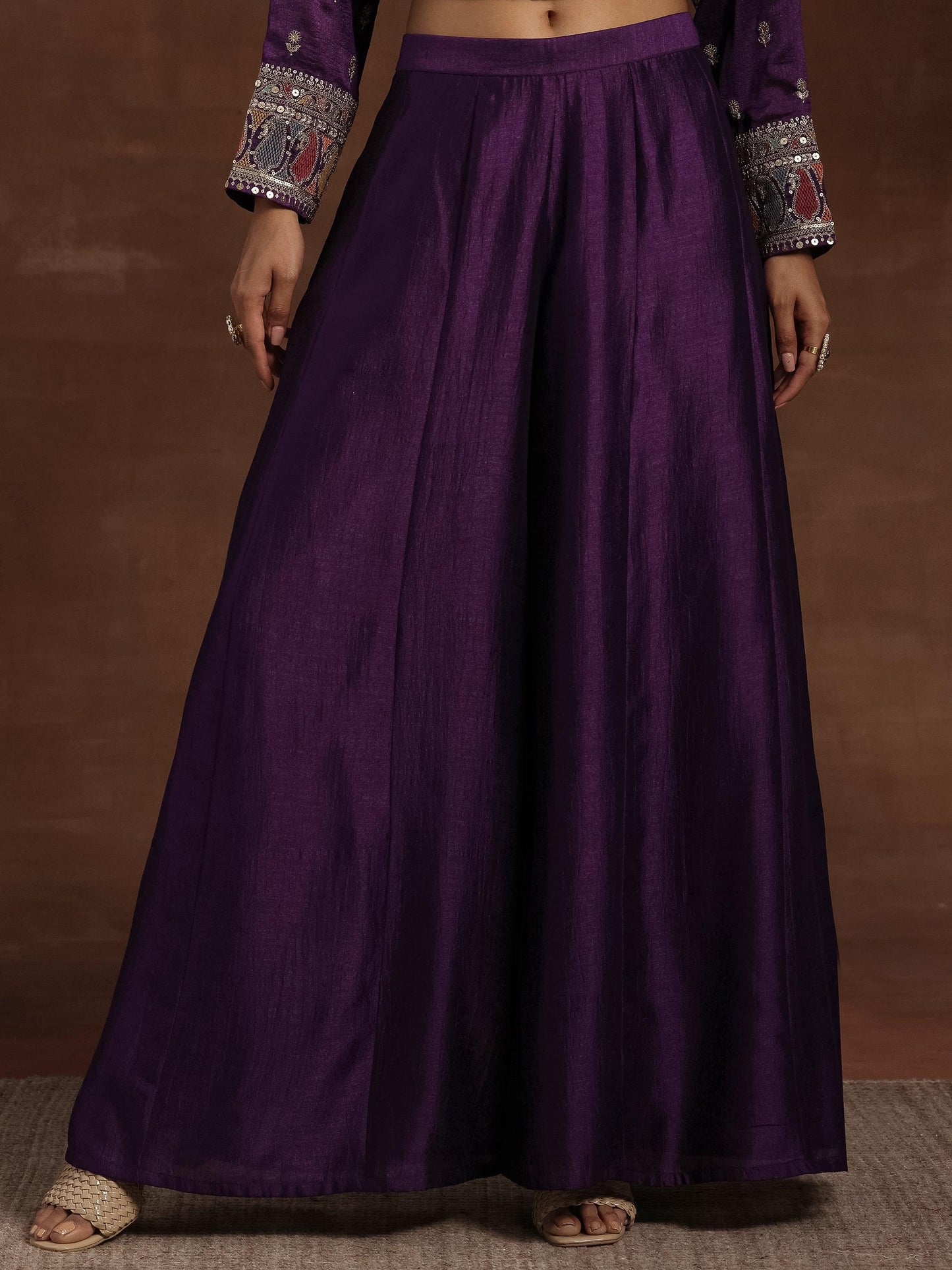 Adaa Purple Embroidered Silk Blend Straight Kurta With Palazzos & Dupatta