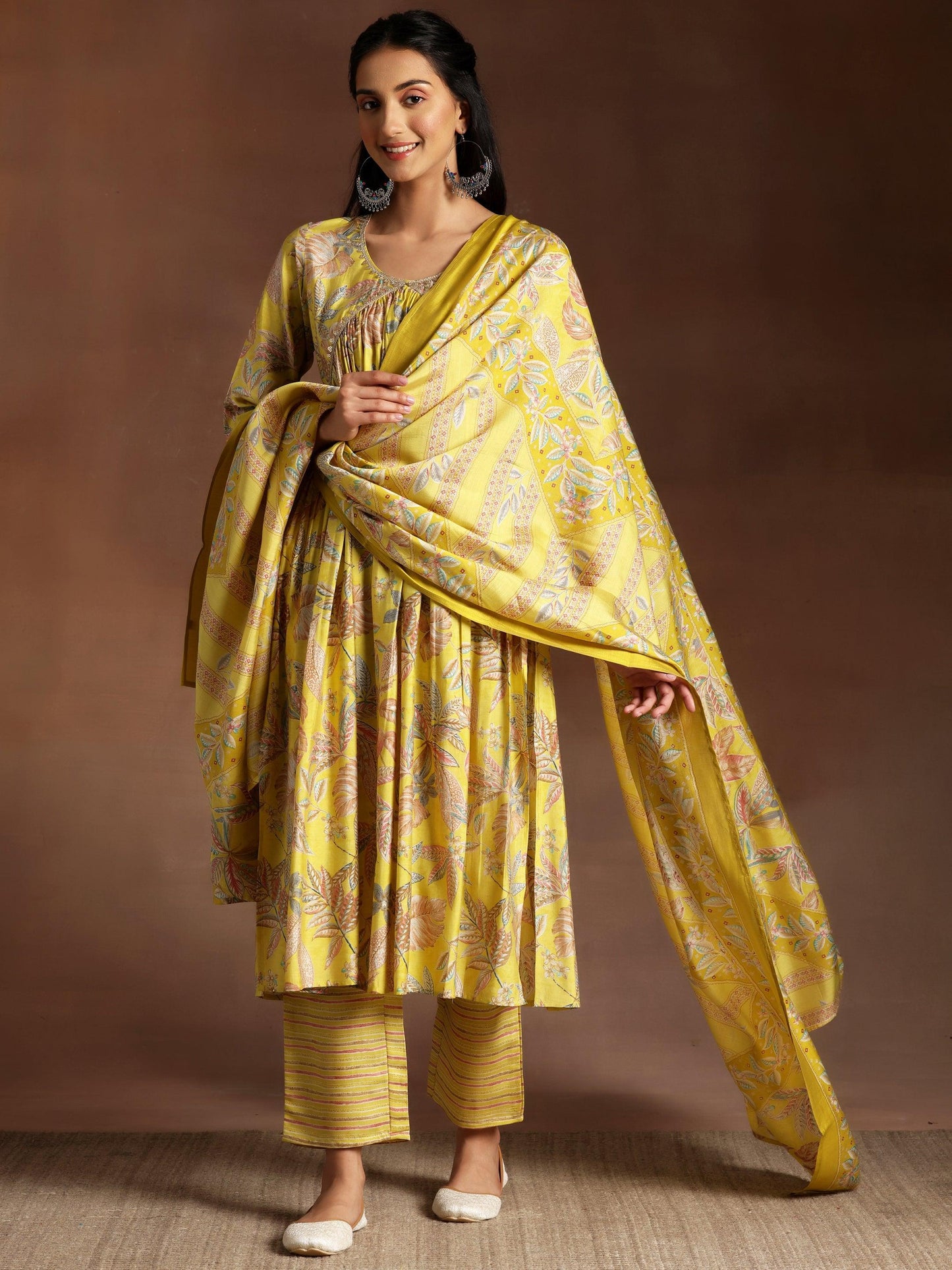 Aashna Mustard Printed Silk Blend A-Line Kurta With Palazzos & Dupatta