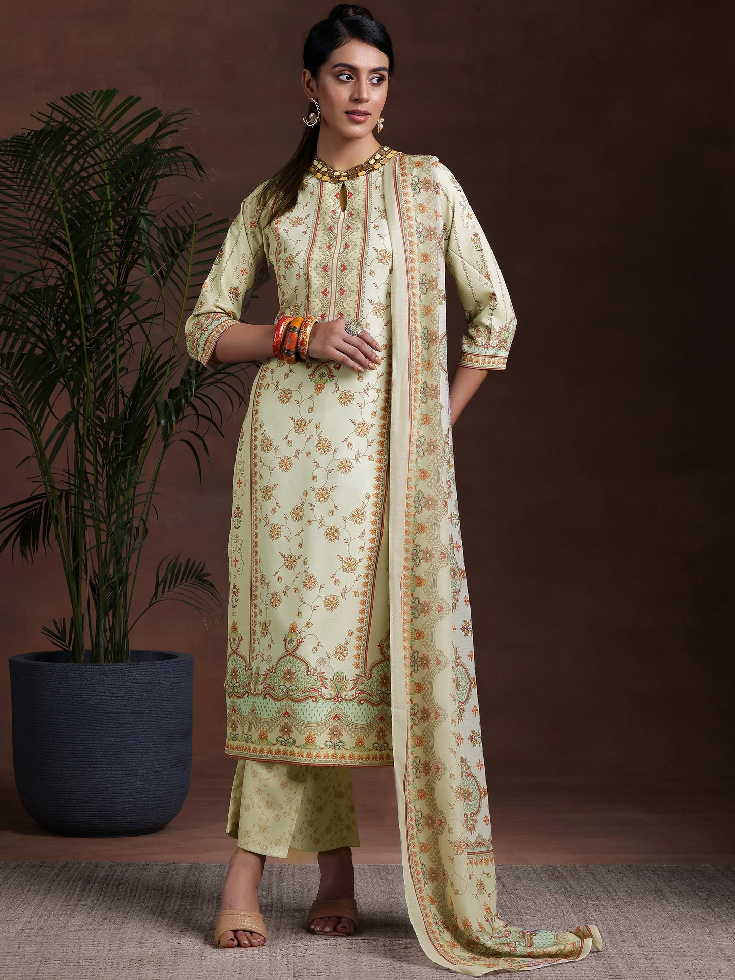 Off White Printed Poly Crepe Straight Suit With Dupatta