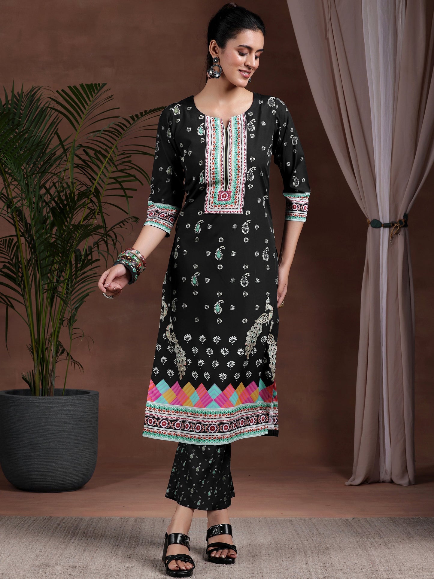 Black Printed Poly Crepe Straight Kurta Set