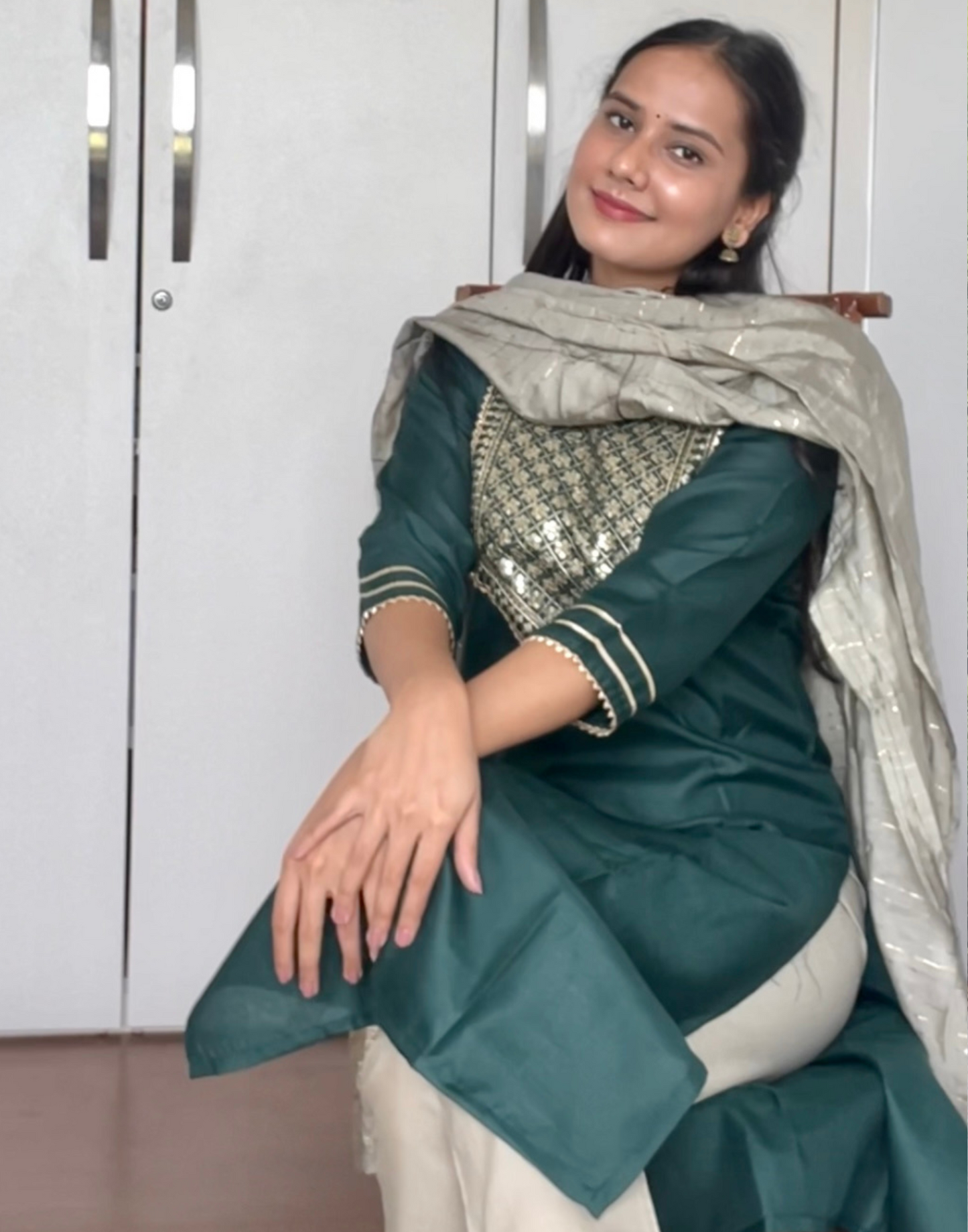 Green Cotton Embroidery Straight Kurta With Pant And Dupatta