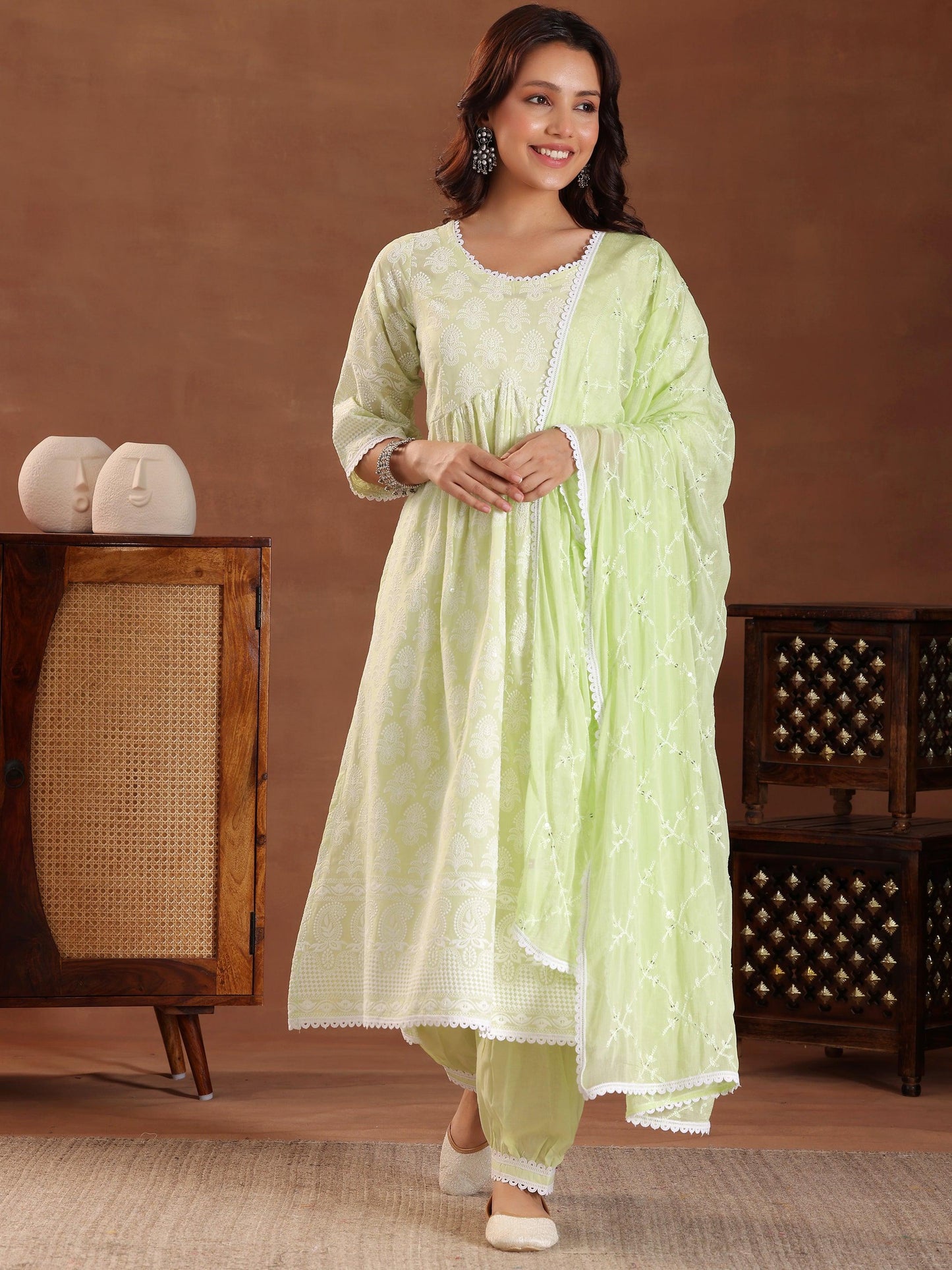 Green Embroidered Pure Cotton A-Line Kurta With Sharara & Dupatta