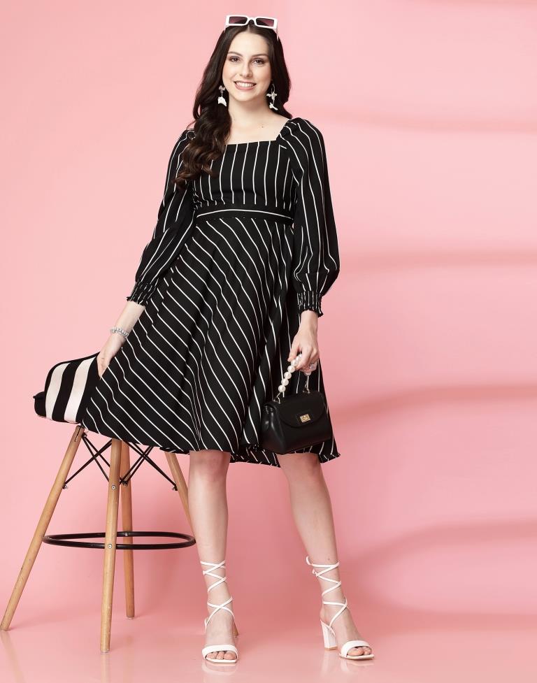 Black Polyester Printed Flared Dress