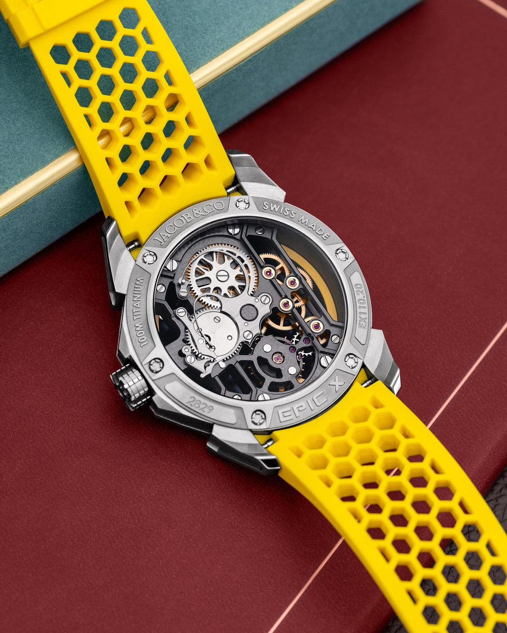 Limited Edition Jacob & Co. Epic X Skeleton watch with an orange rubber strap.