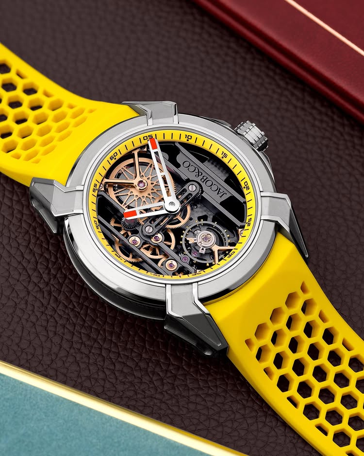 Limited Edition Jacob & Co. Epic X Skeleton watch with an orange rubber strap.