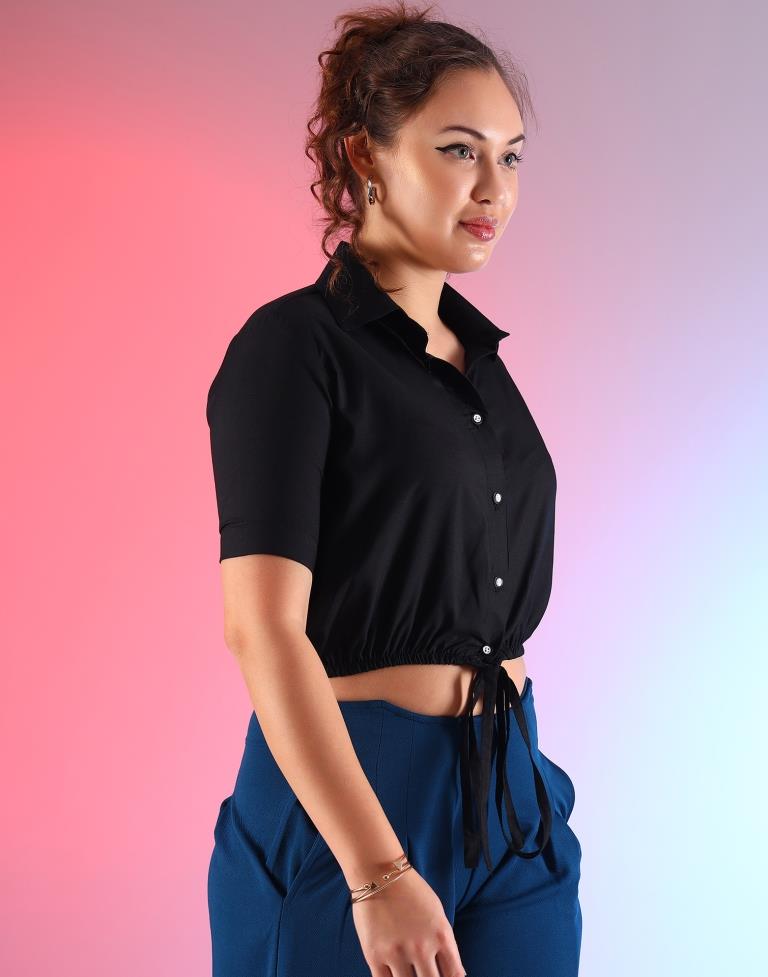 Black Polyester Plain Crop Top