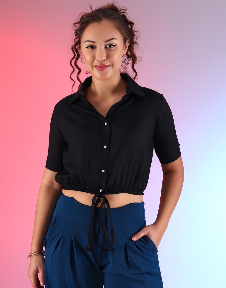 Black Polyester Plain Crop Top