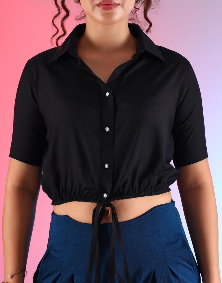 Black Polyester Plain Crop Top