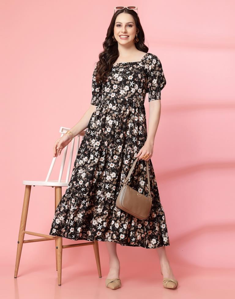 Black Polyester Printed Flared Dress