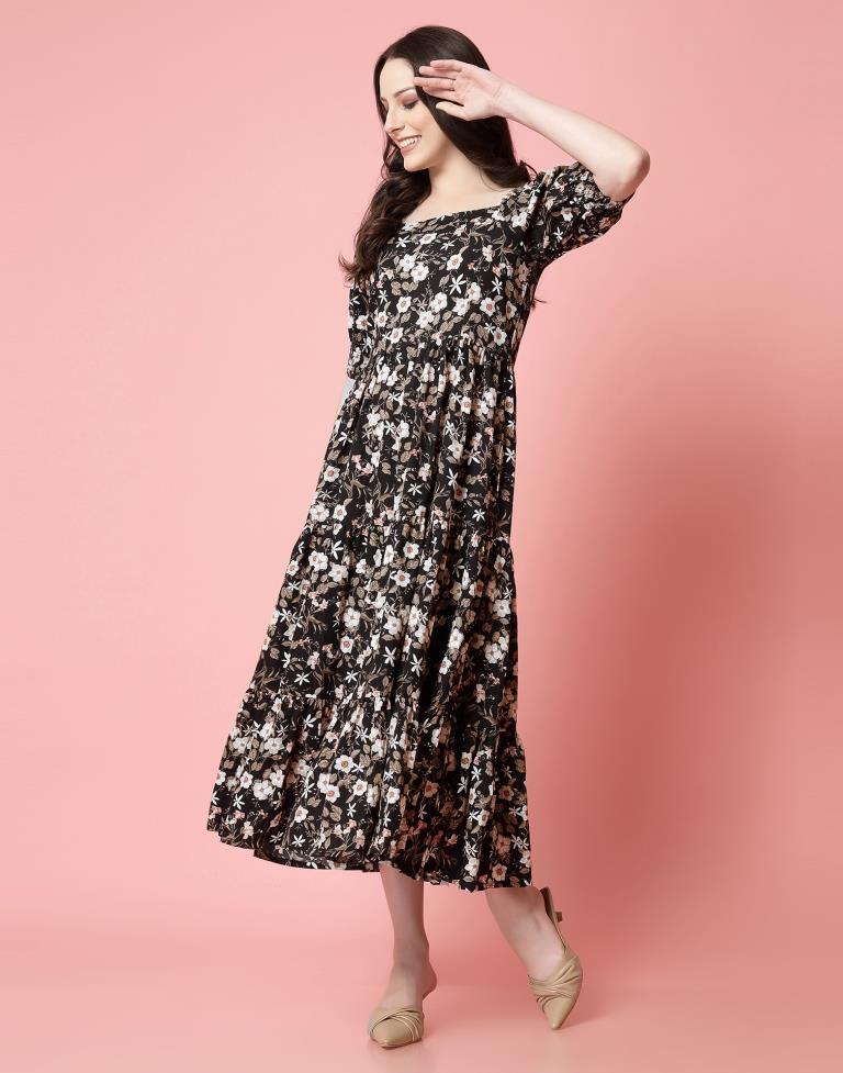 Black Polyester Printed Flared Dress