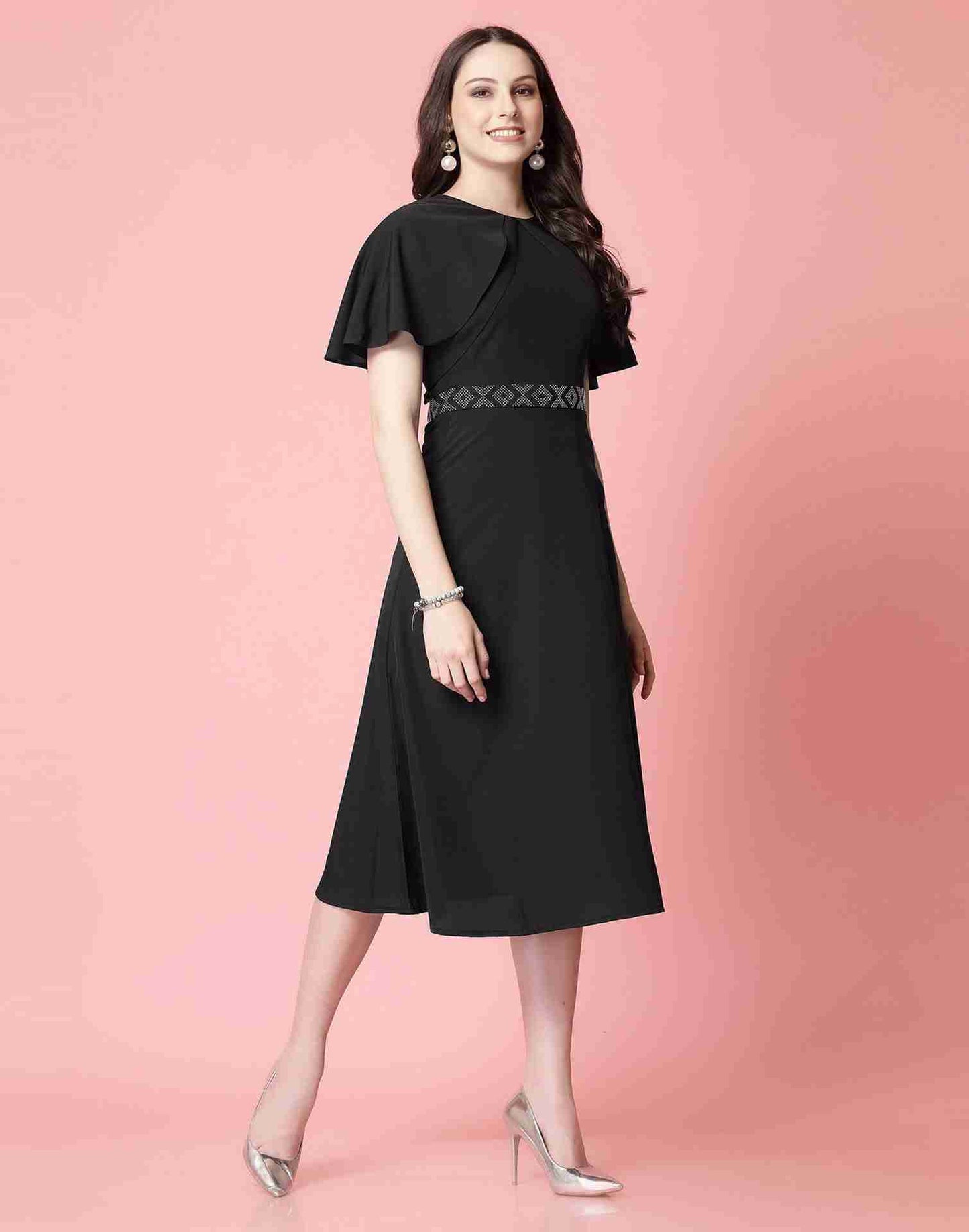 Black Polyester Plain Dress